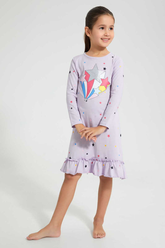 Redtag-Girl-Star-Placement-Print-&-Aop-Nightshirt-Nightshirts-Girls-2 to 8 Years