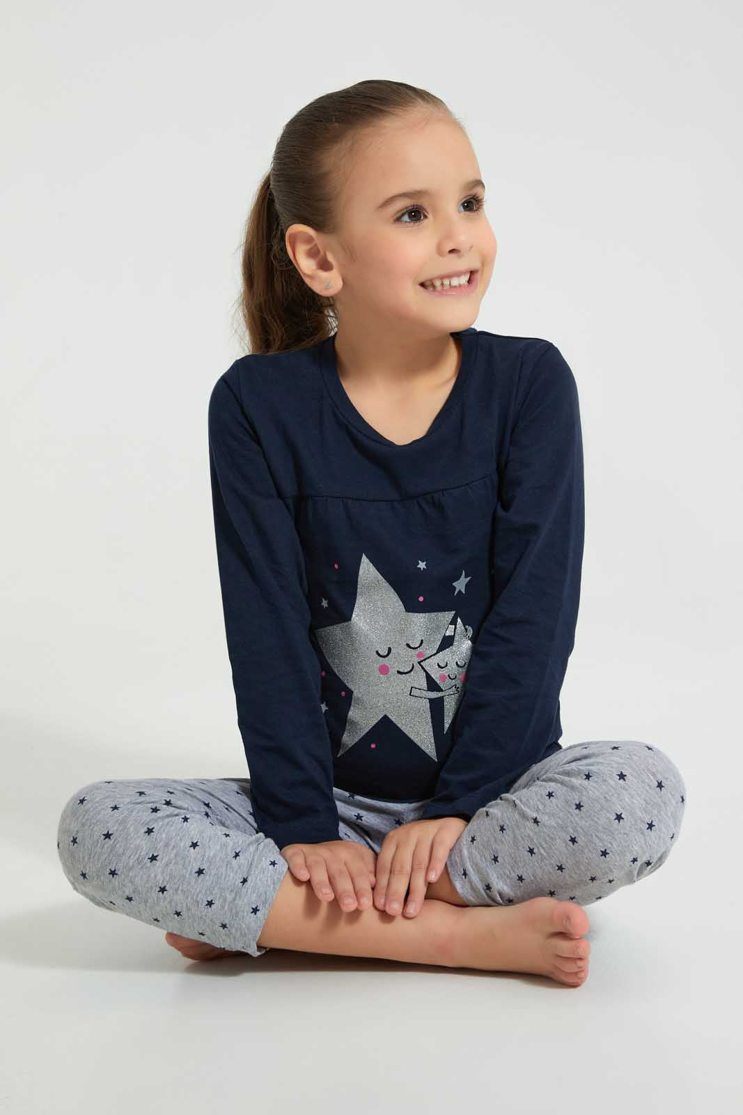 Redtag-Printed-Long-Sleeve-Pyjama-Sets-Pyjama-Sets-Girls-2 to 8 Years
