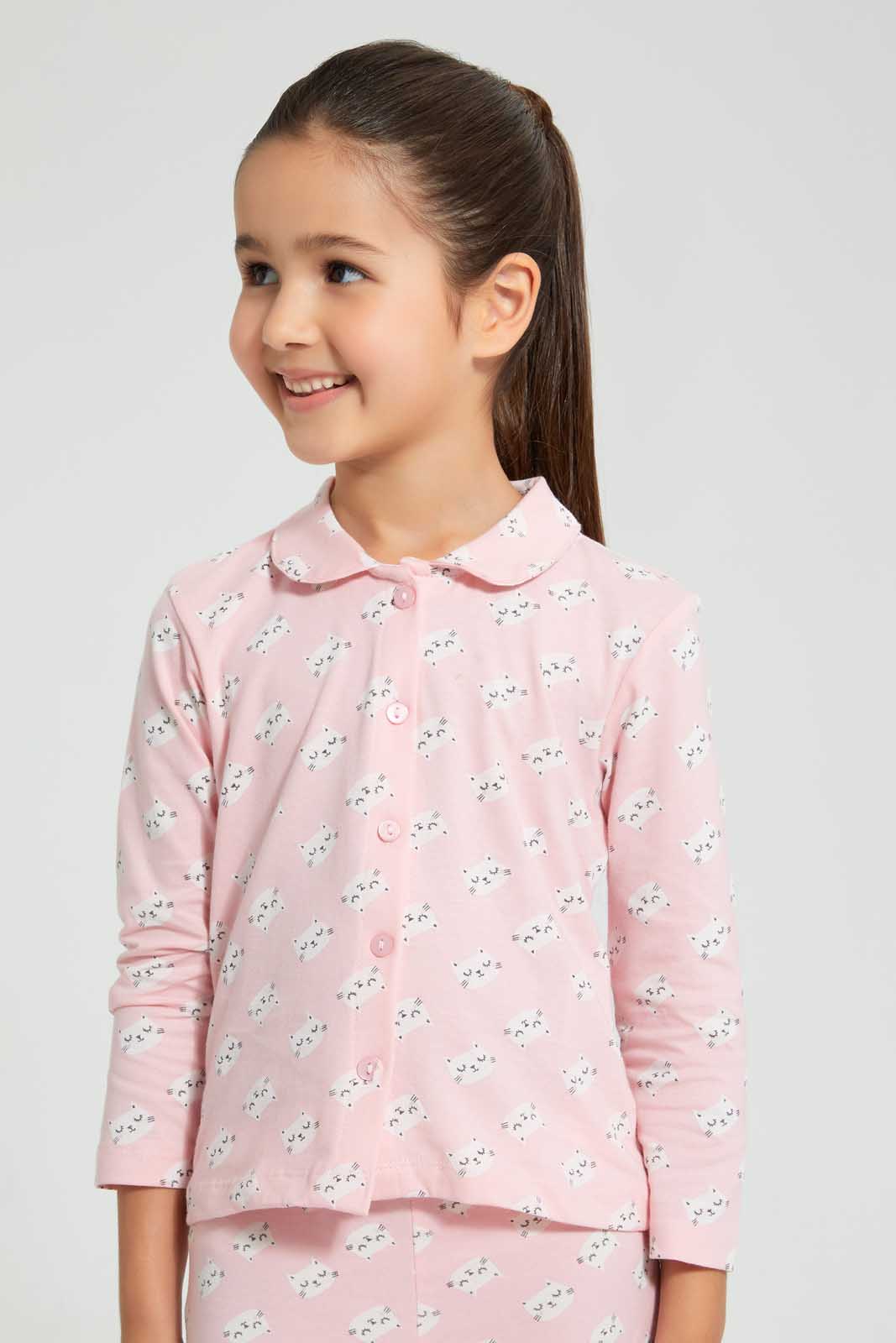 Redtag-Aop-Front-Opened-Long-Sleeve-Pyjama-Sets-Pyjama-Sets-Girls-2 to 8 Years