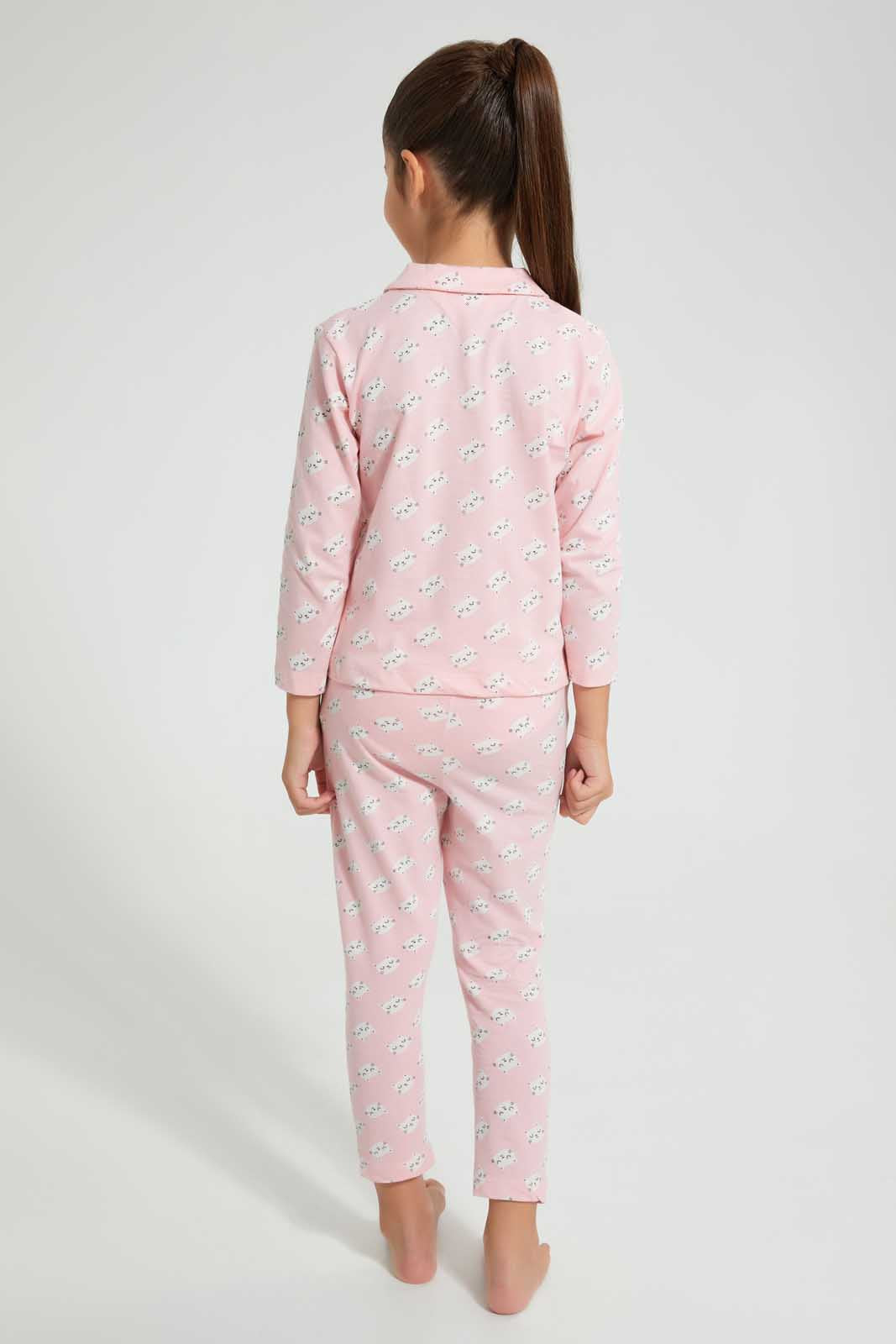 Redtag-Aop-Front-Opened-Long-Sleeve-Pyjama-Sets-Pyjama-Sets-Girls-2 to 8 Years