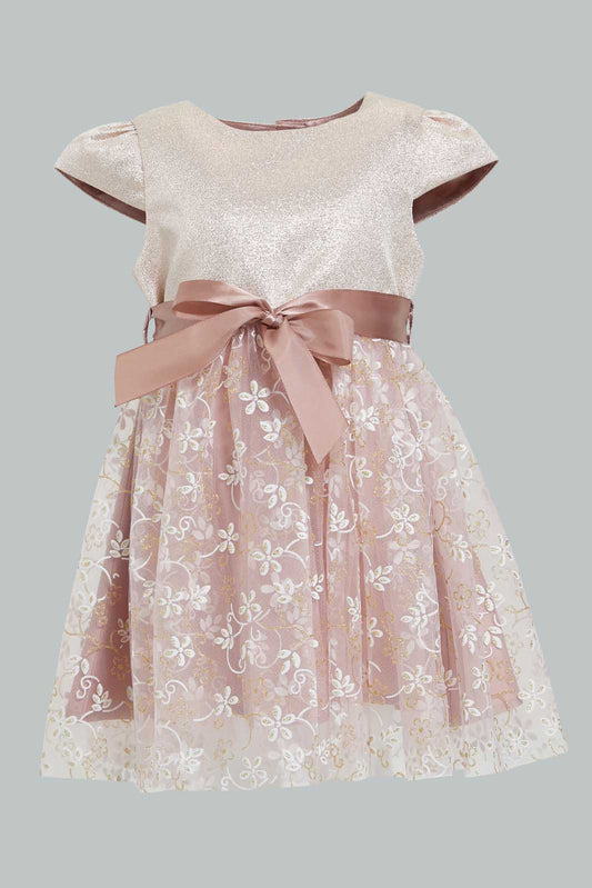 Redtag-Coral-Flower-Artwork-Printed-Mesh-Dress-Dresses-Infant-Girls-3 to 24 Months