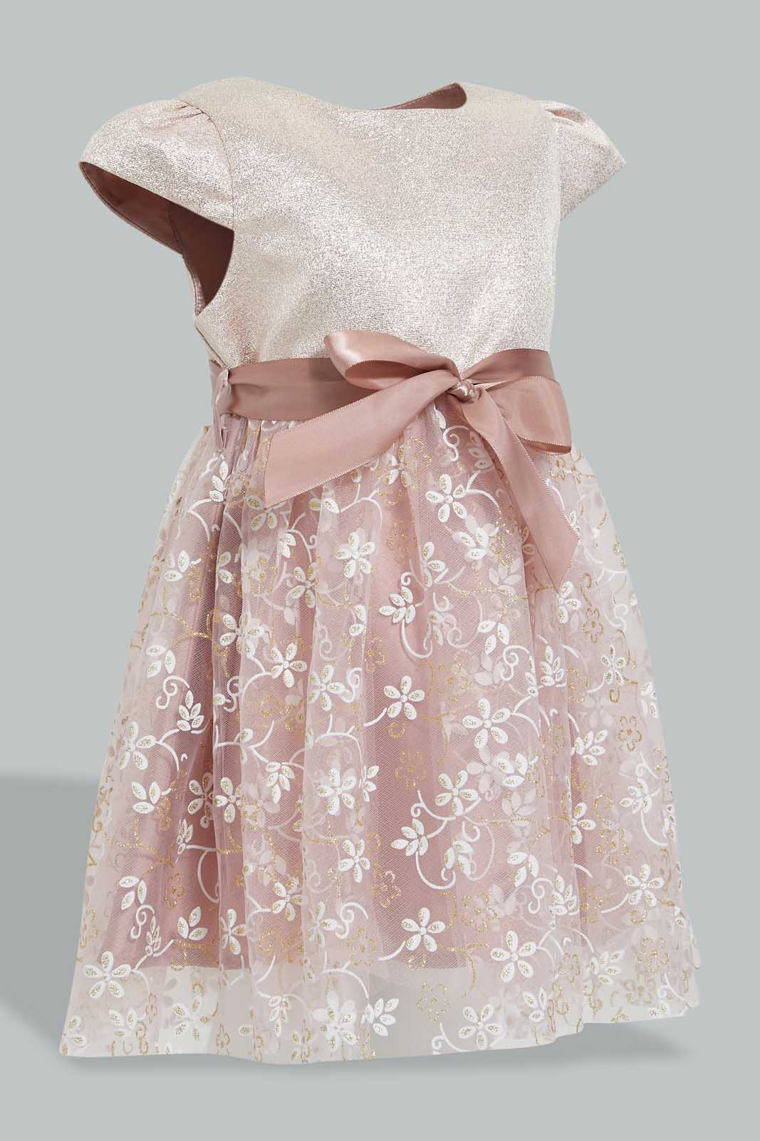 Redtag-Coral-Flower-Artwork-Printed-Mesh-Dress-Dresses-Infant-Girls-3 to 24 Months