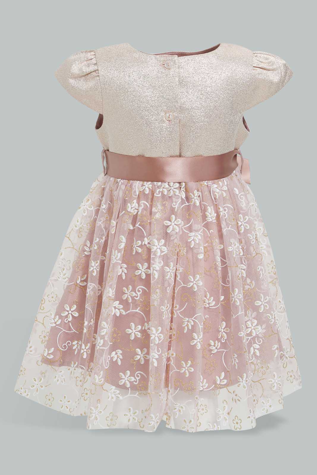 Redtag-Coral-Flower-Artwork-Printed-Mesh-Dress-Dresses-Infant-Girls-3 to 24 Months