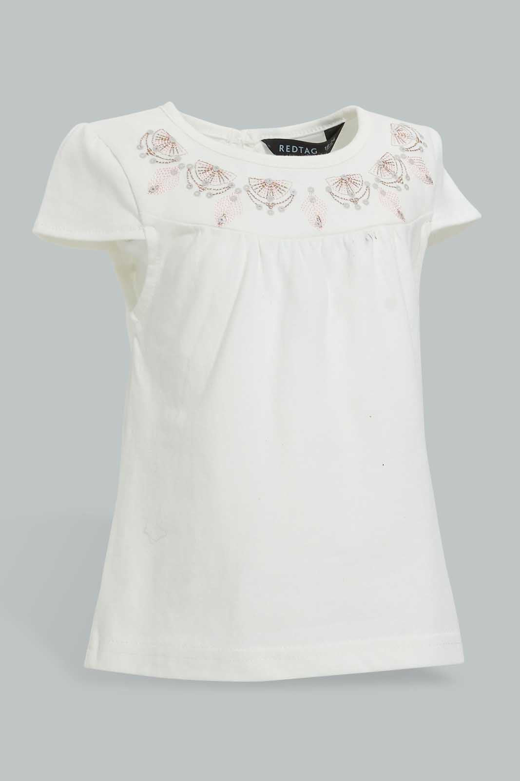 Redtag-White-And-Coral-Front-Gather-Jersey-Top-With-Mesh-Printed-Skirt-Sets-Infant-Girls-3 to 24 Months