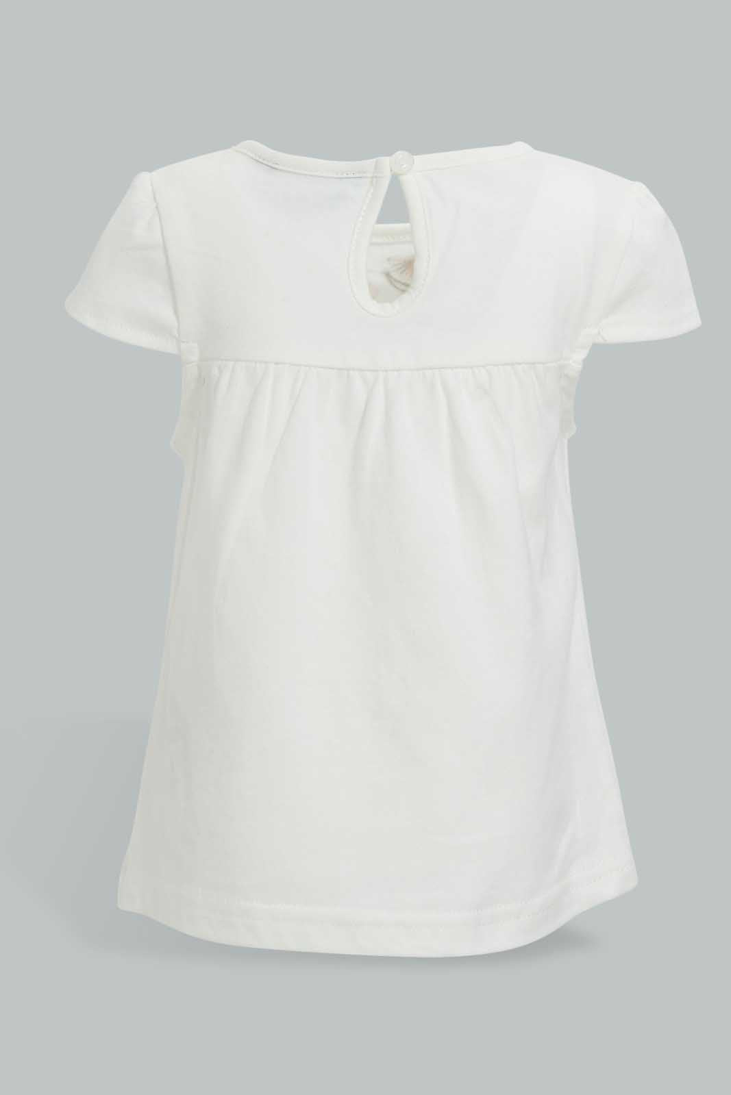 Redtag-White-And-Coral-Front-Gather-Jersey-Top-With-Mesh-Printed-Skirt-Sets-Infant-Girls-3 to 24 Months