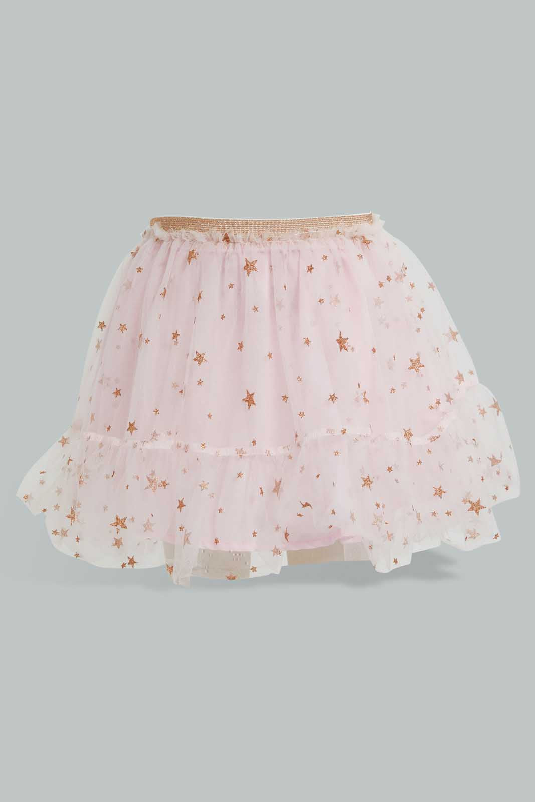 Redtag-White-And-Coral-Front-Gather-Jersey-Top-With-Mesh-Printed-Skirt-Sets-Infant-Girls-3 to 24 Months