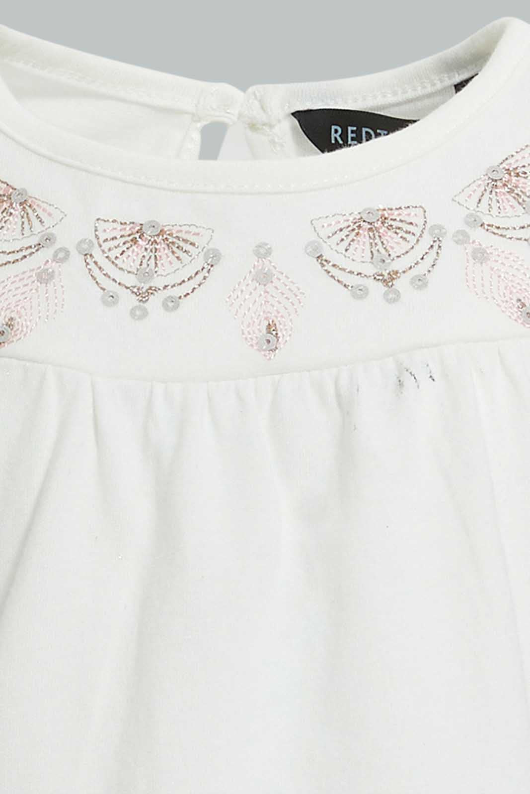 Redtag-White-And-Coral-Front-Gather-Jersey-Top-With-Mesh-Printed-Skirt-Sets-Infant-Girls-3 to 24 Months