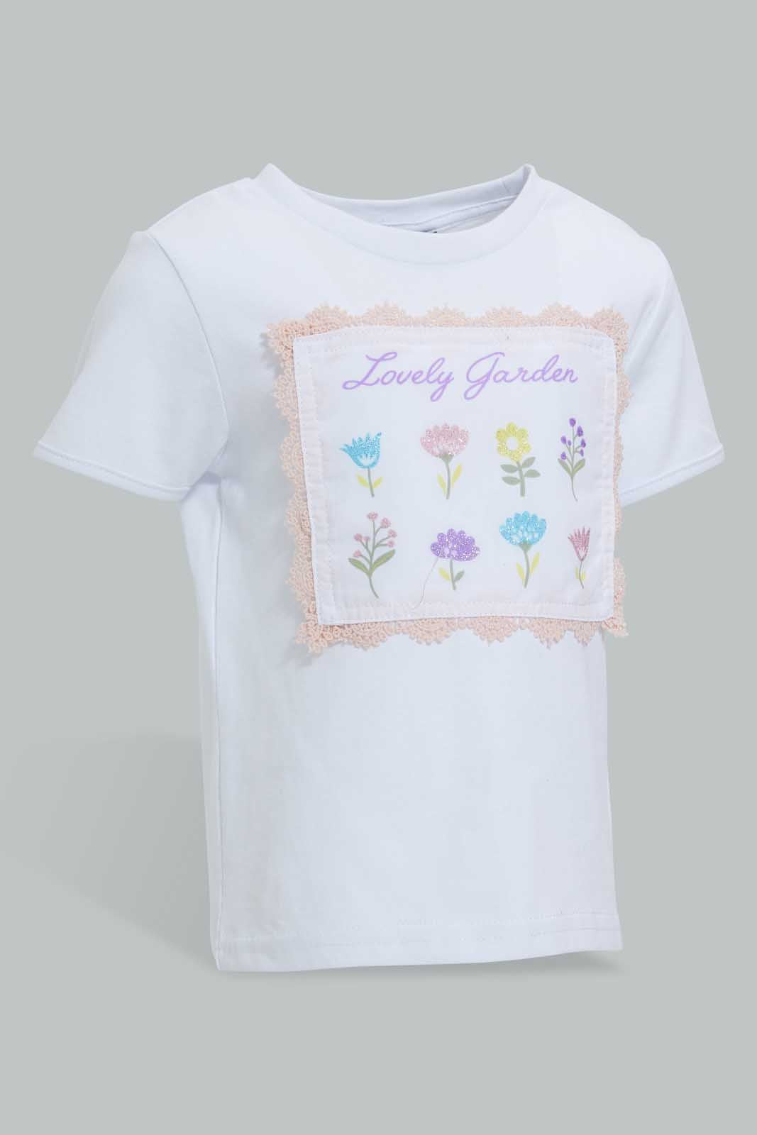 Redtag-White-&-Coral-Flower-Artwork-Short-Sleeves-T-Shirt-With-Trouser-Sets-Infant-Girls-3 to 24 Months