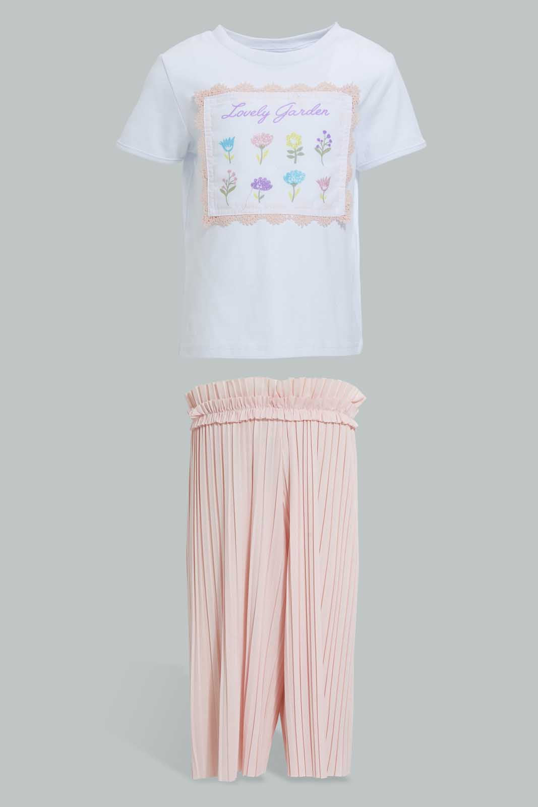 Redtag-White-&-Coral-Flower-Artwork-Short-Sleeves-T-Shirt-With-Trouser-Sets-Infant-Girls-3 to 24 Months