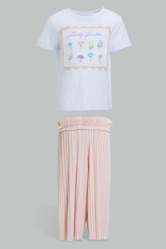 Redtag-White-&-Coral-Flower-Artwork-Short-Sleeves-T-Shirt-With-Trouser-Sets-Infant-Girls-3 to 24 Months