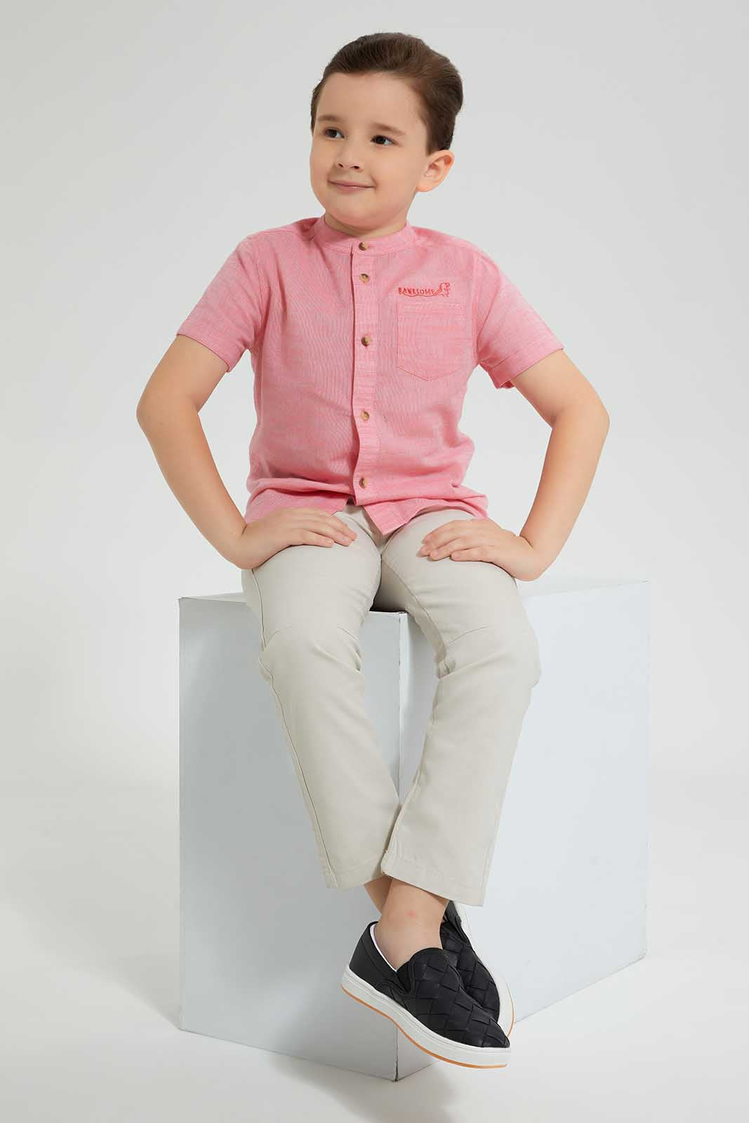 Redtag-Red-Short-Sleeve-Mandarin-Collar-Shirt-Casual-Shirts-Boys-2 to 8 Years