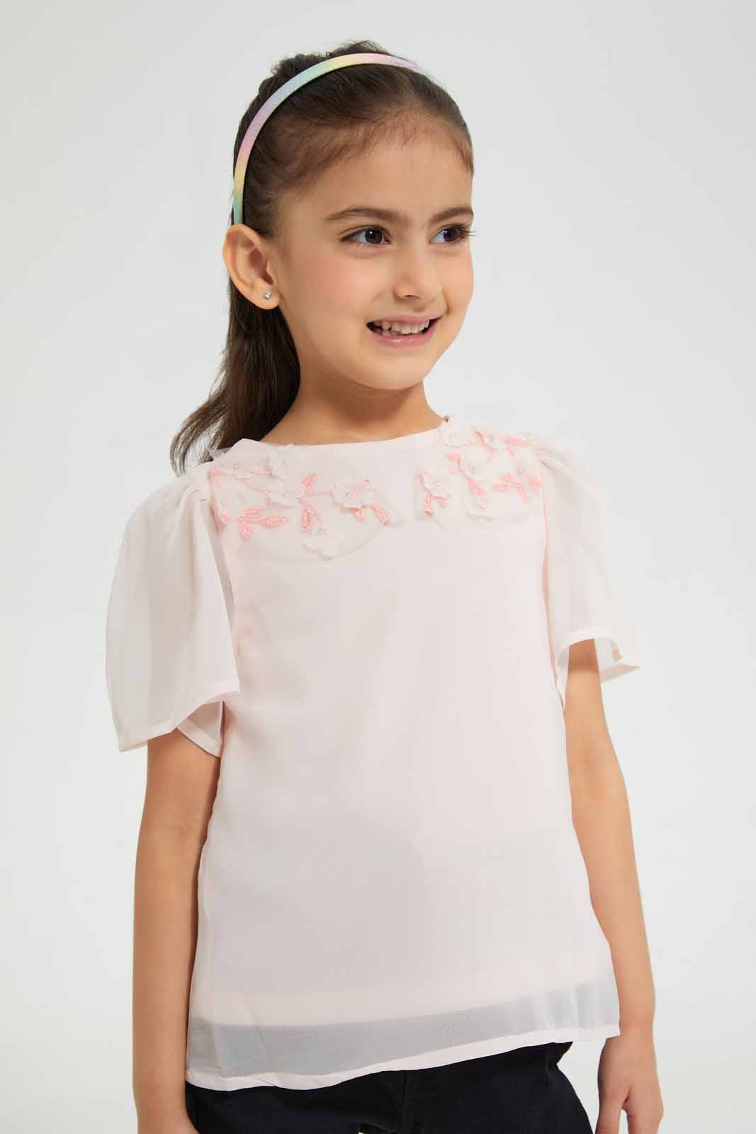 Redtag-Pink-Floral-Embellished-Blouse-Category:Blouses,-Colour:Pink,-Deals:Sale,-Filter:Girls-(2-to-8-Yrs),-GIR-Blouses,-S22B,-Sale-GIR-APL,-Section:Girls-(0-to-14Yrs)-Girls-2 to 8 Years