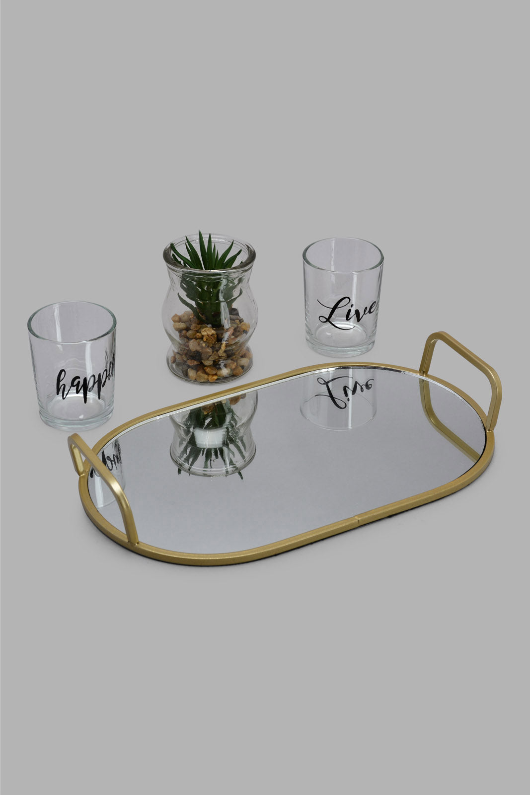 Redtag-Gold-Mirror-Tray-With-Candle-Holder-Set(4-Piece)-Category:Candles-&-Fragrances,-Colour:Gold,-Deals:New-In,-Filter:Home-Decor,-HMW-HOM-Decorative-Accessories,-Jubliant,-New-In-HMW-HOM,-Non-Sale,-S22B,-Section:Homewares-Home-Decor-