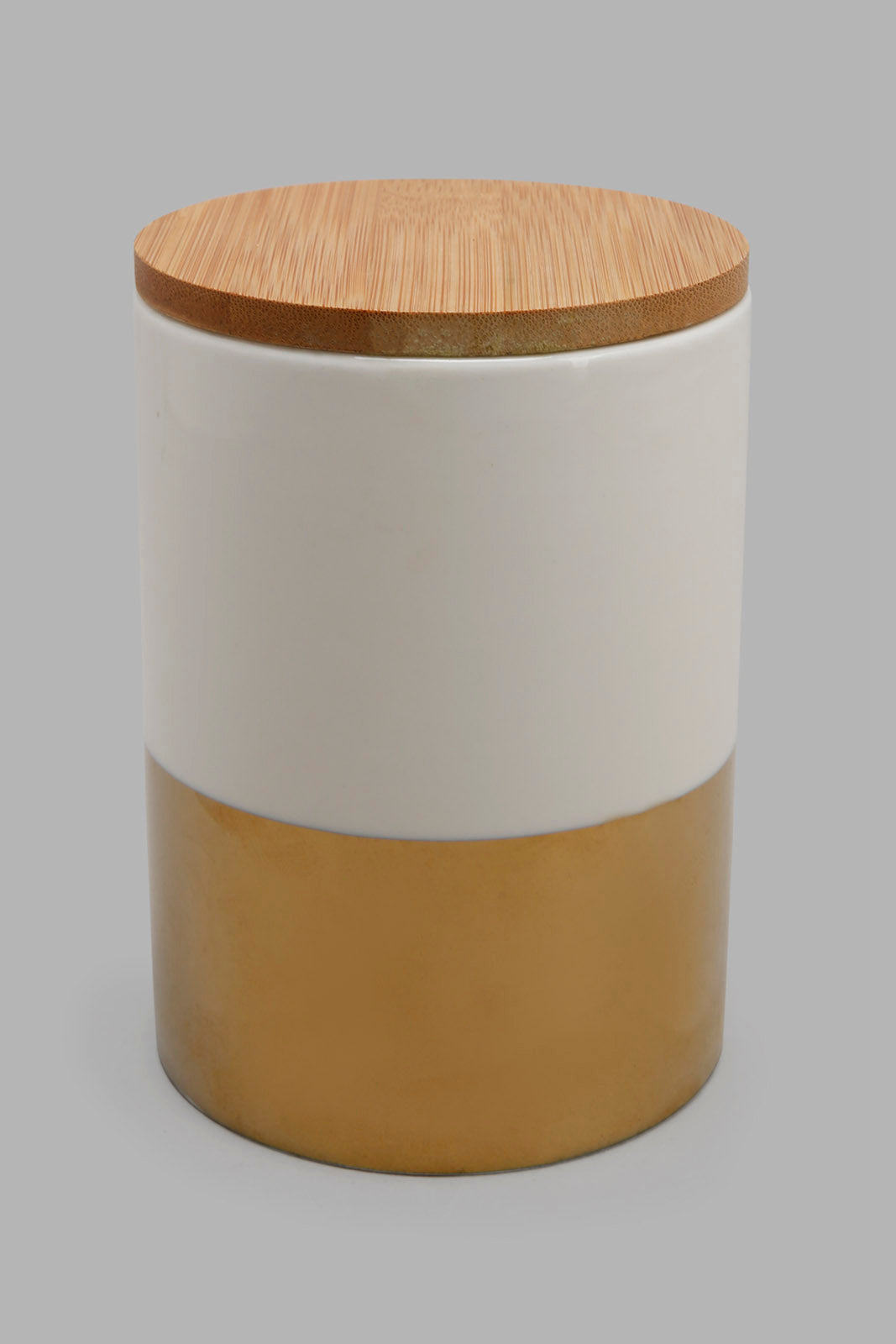 Redtag-White-/-Gold-Round-Canister-With-Bamboo-Lid-(Medium)-Category:Canisters-And-Jars,-Colour:Gold,-Festive,-Filter:Home-Dining,-HMW-DIN-Sto-Storage,-S22C,-Section:Homewares-Home-Dining-
