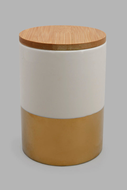 Redtag-White-/-Gold-Round-Canister-With-Bamboo-Lid-(Medium)-Category:Canisters-And-Jars,-Colour:Gold,-Festive,-Filter:Home-Dining,-HMW-DIN-Sto-Storage,-S22C,-Section:Homewares-Home-Dining-