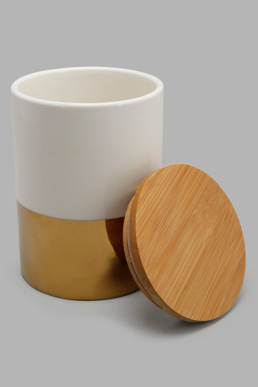 Redtag-White-/-Gold-Round-Canister-With-Bamboo-Lid-(Medium)-Category:Canisters-And-Jars,-Colour:Gold,-Festive,-Filter:Home-Dining,-HMW-DIN-Sto-Storage,-S22C,-Section:Homewares-Home-Dining-