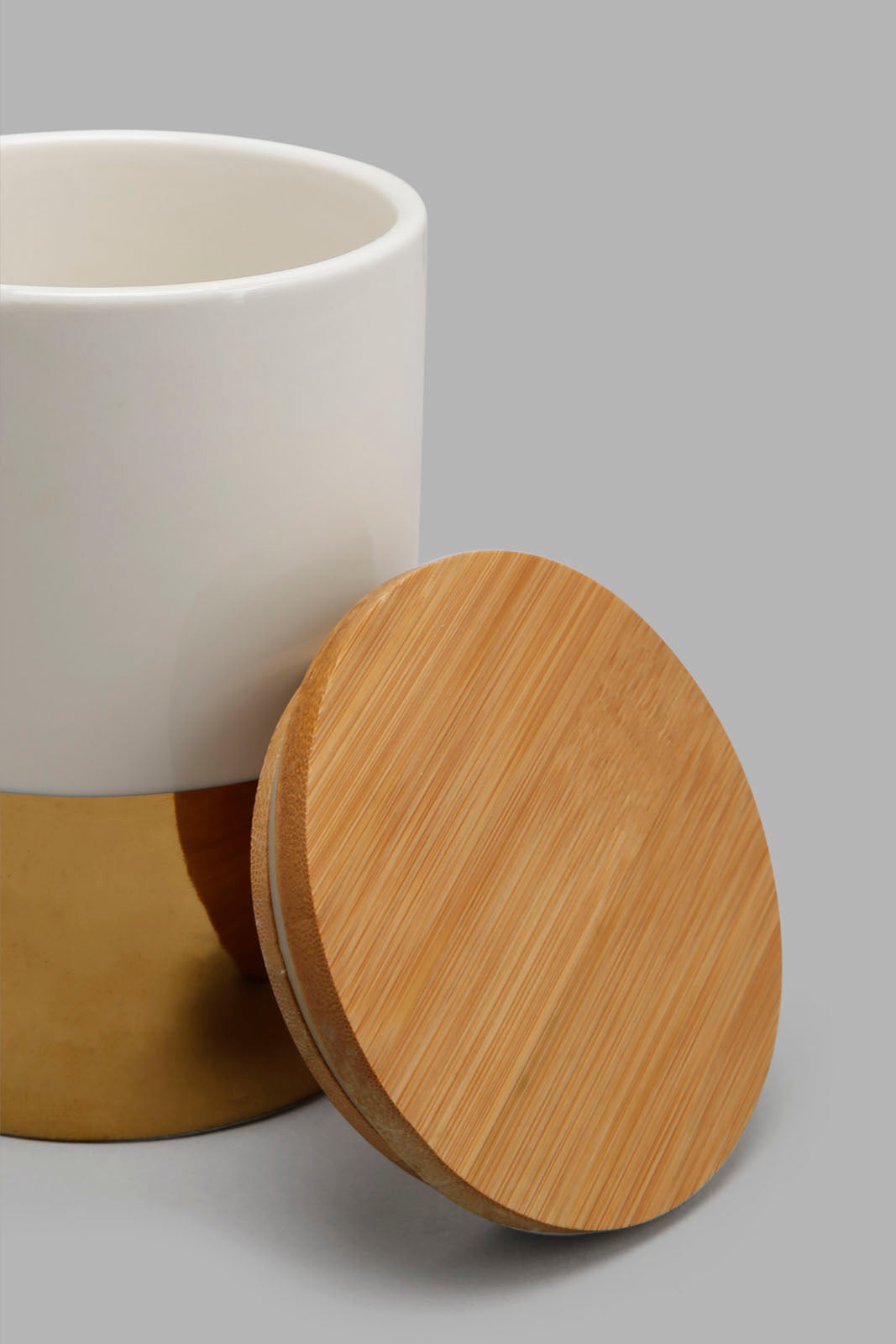 Redtag-White-/-Gold-Round-Canister-With-Bamboo-Lid-(Medium)-Category:Canisters-And-Jars,-Colour:Gold,-Festive,-Filter:Home-Dining,-HMW-DIN-Sto-Storage,-S22C,-Section:Homewares-Home-Dining-