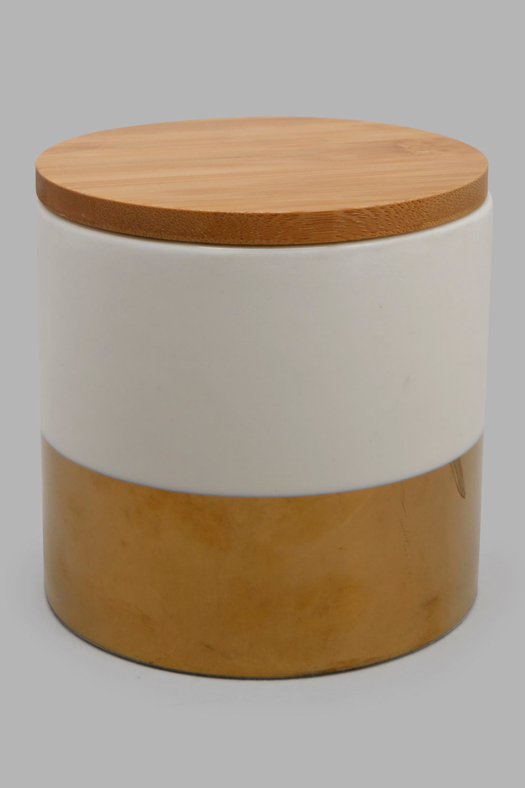 Redtag-White-/-Gold-Round-Canister-With-Bamboo-Lid-(Small)-Category:Canisters-And-Jars,-Colour:Gold,-Festive,-Filter:Home-Dining,-HMW-DIN-Sto-Storage,-S22C,-Section:Homewares-Home-Dining-