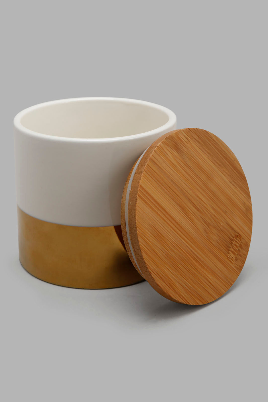 Redtag-White-/-Gold-Round-Canister-With-Bamboo-Lid-(Small)-Category:Canisters-And-Jars,-Colour:Gold,-Festive,-Filter:Home-Dining,-HMW-DIN-Sto-Storage,-S22C,-Section:Homewares-Home-Dining-