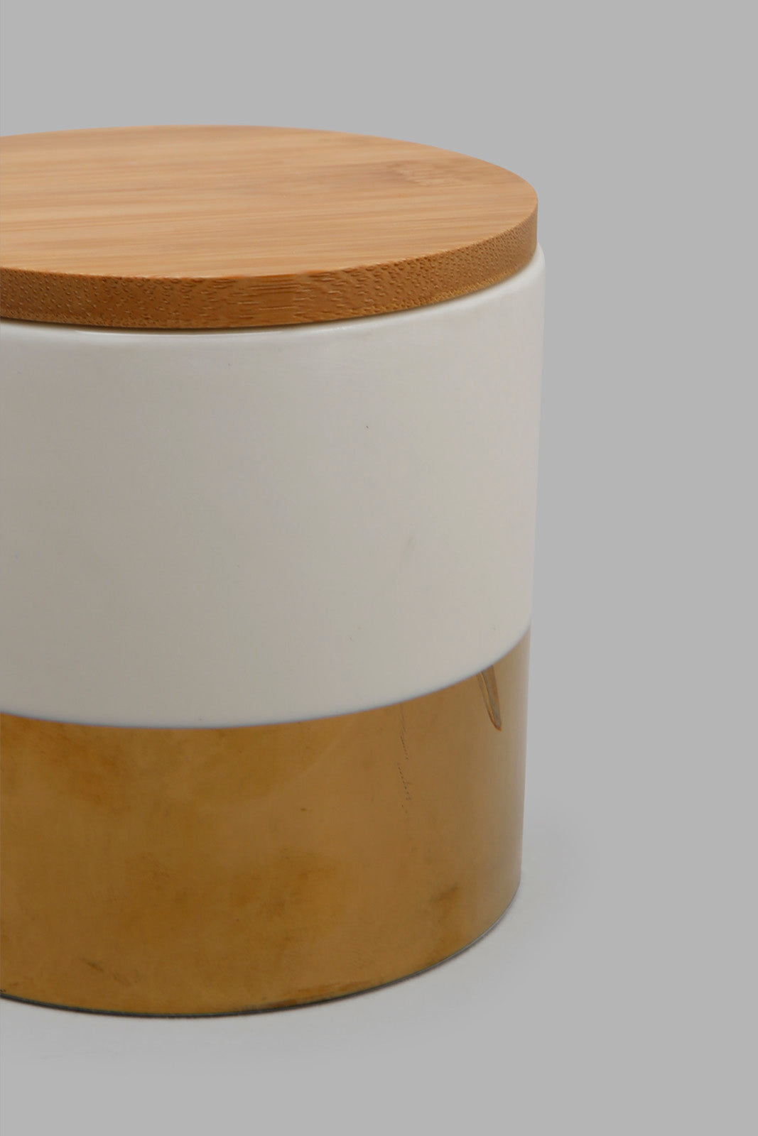 Redtag-White-/-Gold-Round-Canister-With-Bamboo-Lid-(Small)-Category:Canisters-And-Jars,-Colour:Gold,-Festive,-Filter:Home-Dining,-HMW-DIN-Sto-Storage,-S22C,-Section:Homewares-Home-Dining-
