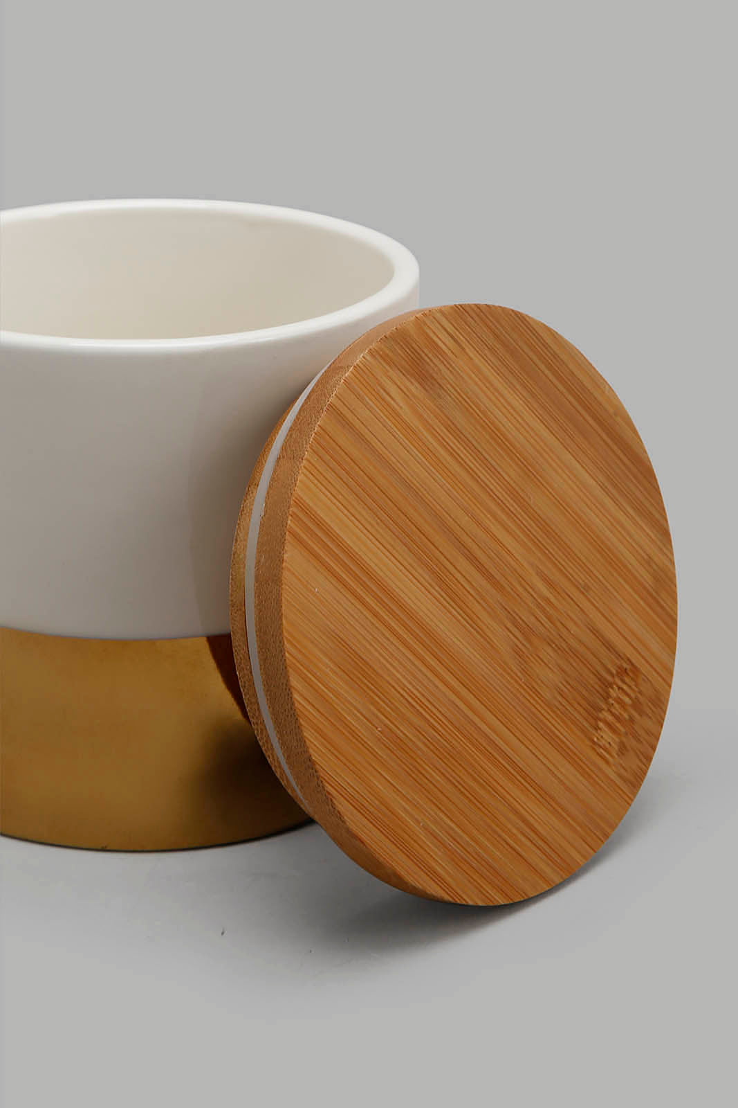 Redtag-White-/-Gold-Round-Canister-With-Bamboo-Lid-(Small)-Category:Canisters-And-Jars,-Colour:Gold,-Festive,-Filter:Home-Dining,-HMW-DIN-Sto-Storage,-S22C,-Section:Homewares-Home-Dining-