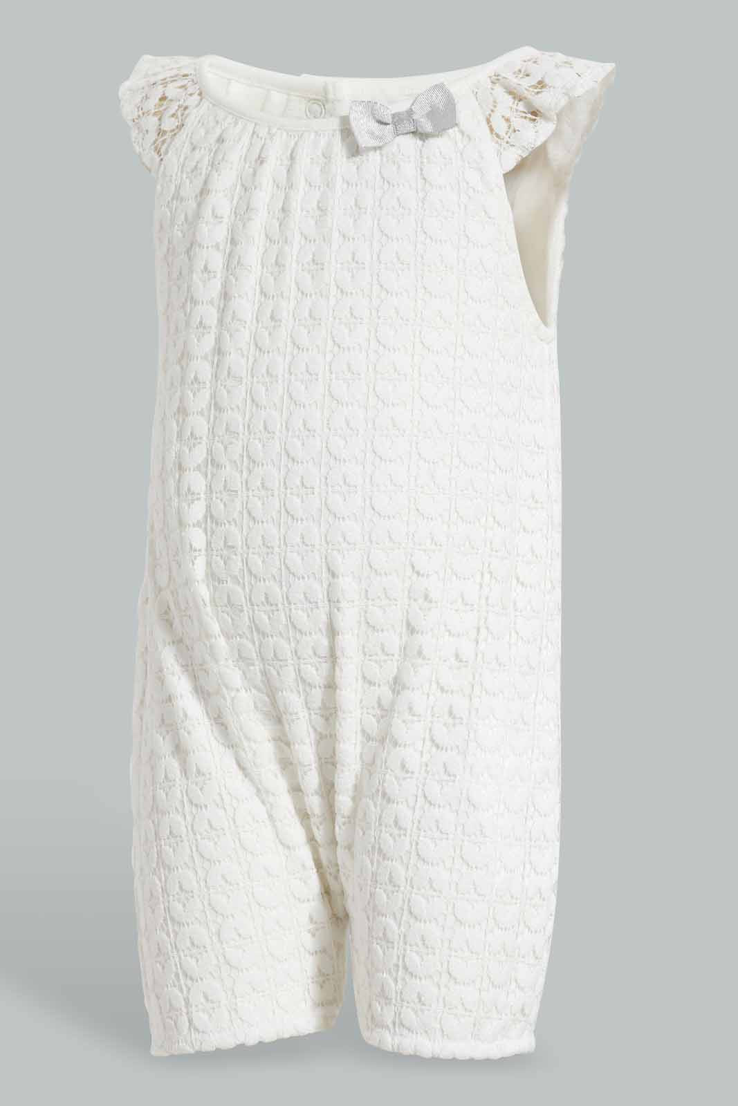 Redtag-White-Crochet-Romper-With-Bow-Rompers-Baby-0 to 12 Months