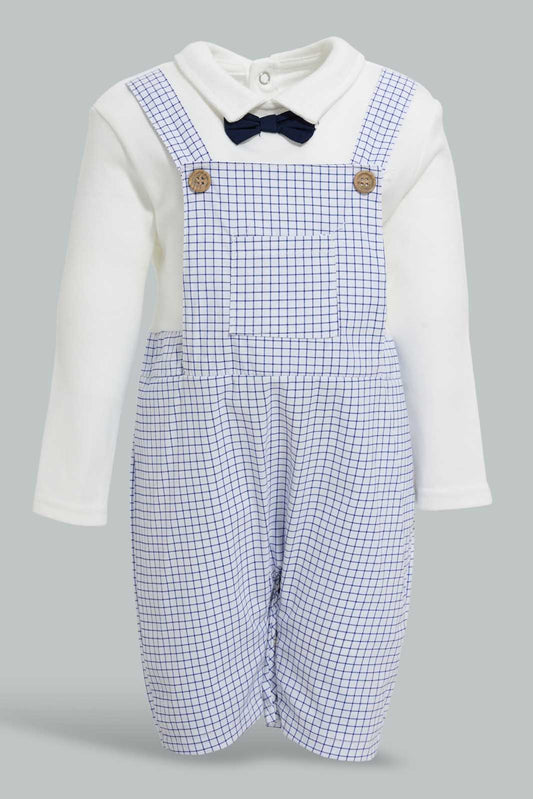 Redtag-White-And-Navy-Longlength-Duangree-Romper-Rompers-Baby-0 to 12 Months