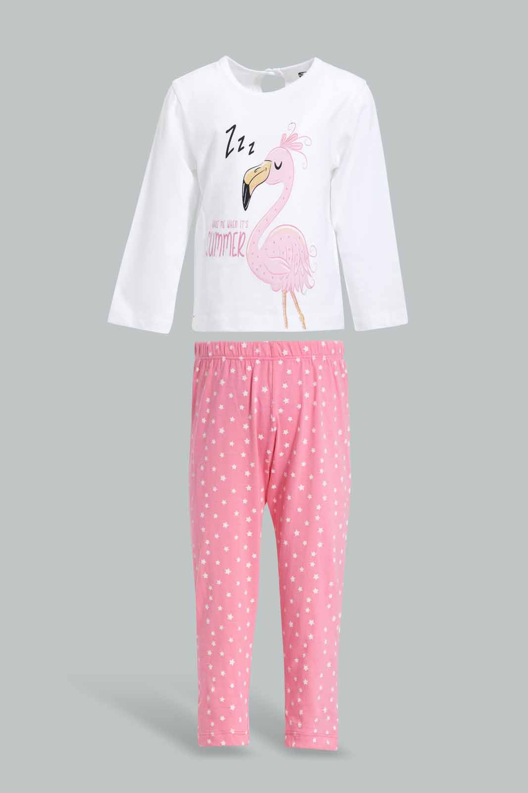 Redtag-Multi-Colour-Flamingo-Print-Full-Sleeves-Full-Length-Pyjama-Set-Category:Pyjama-Sets,-Colour:White,-Deals:New-In,-Filter:Infant-Girls-(3-to-24-Mths),-ING-Pyjama-Sets,-New-In-ING-APL,-Non-Sale,-PPE,-S22B,-Section:Kidswear-Infant-Girls-