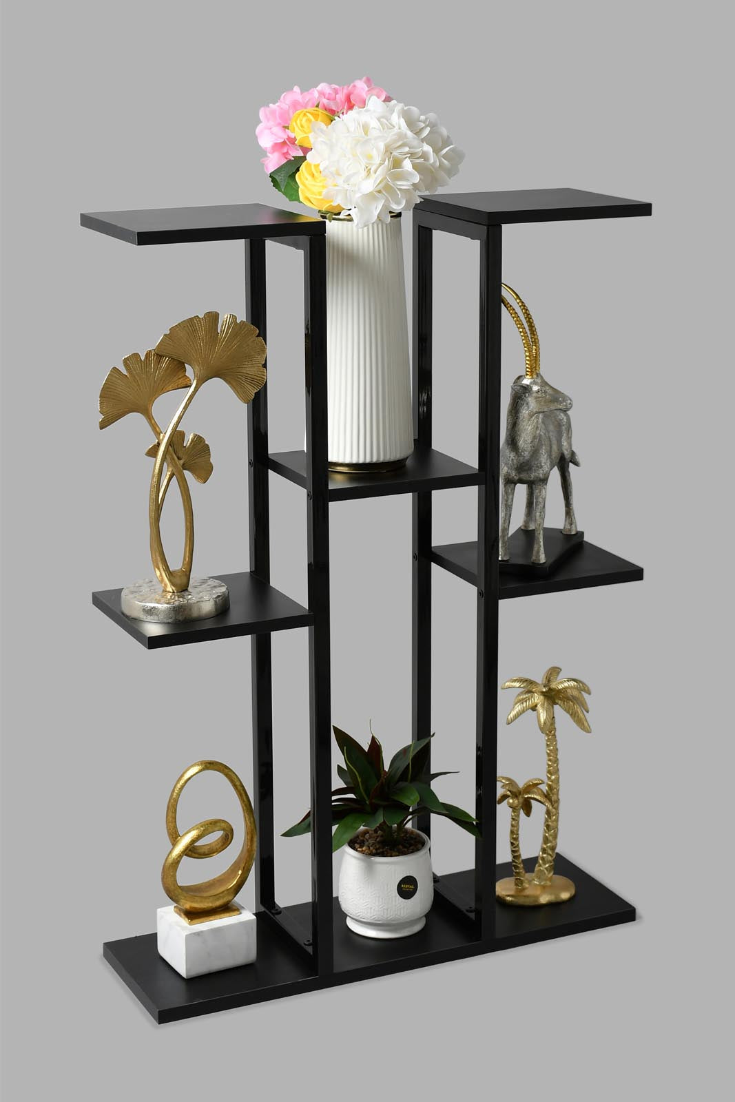 Redtag-Black-Plant-Stand-With-2-Layers-Shelves-Home-Decor-