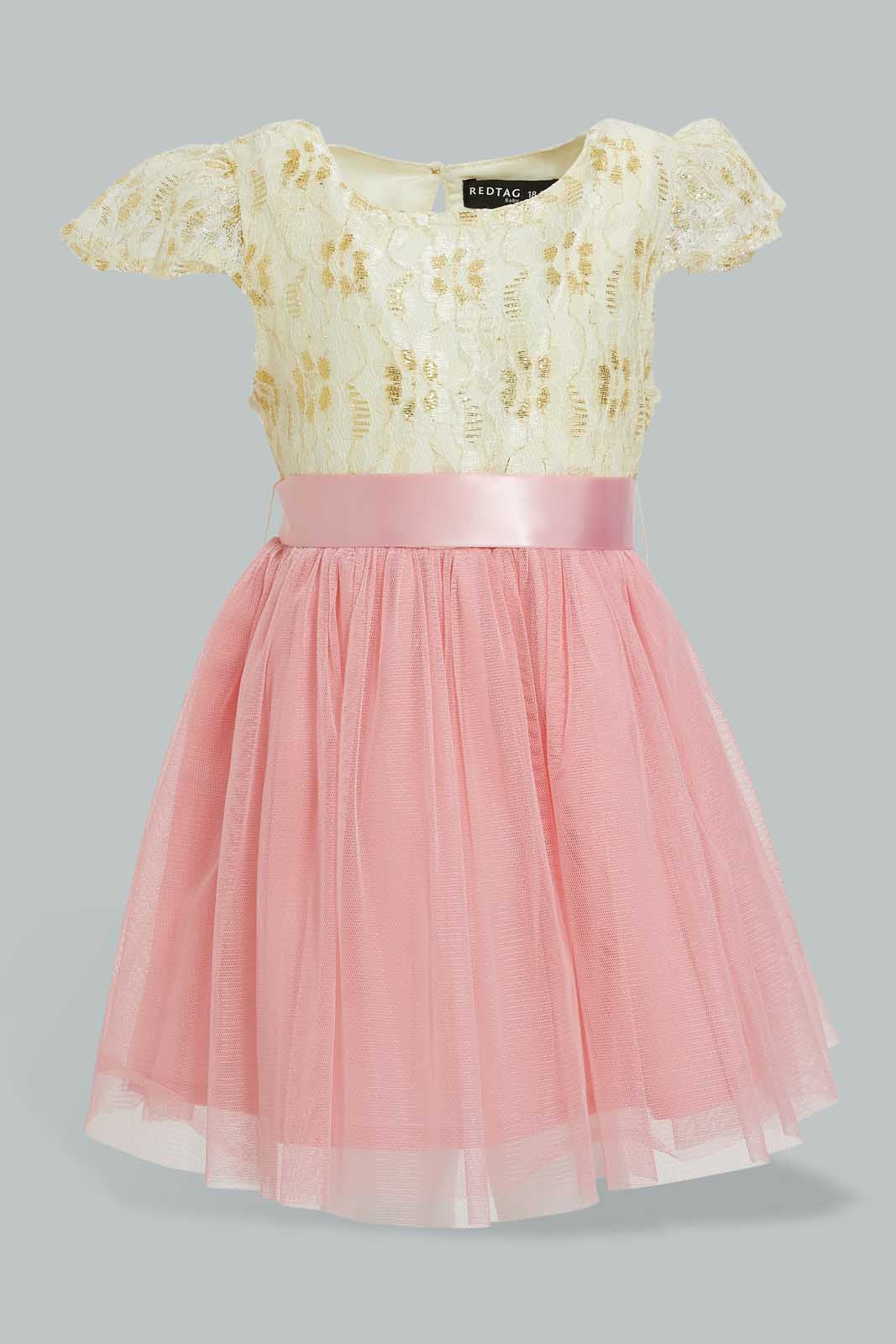 Redtag-Ivory-Lace-Yoke-Belted-With-Coral-Mesh-Dress-Dresses-Infant-Girls-3 to 24 Months