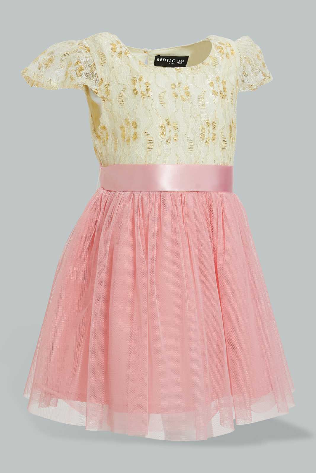 Redtag-Ivory-Lace-Yoke-Belted-With-Coral-Mesh-Dress-Dresses-Infant-Girls-3 to 24 Months