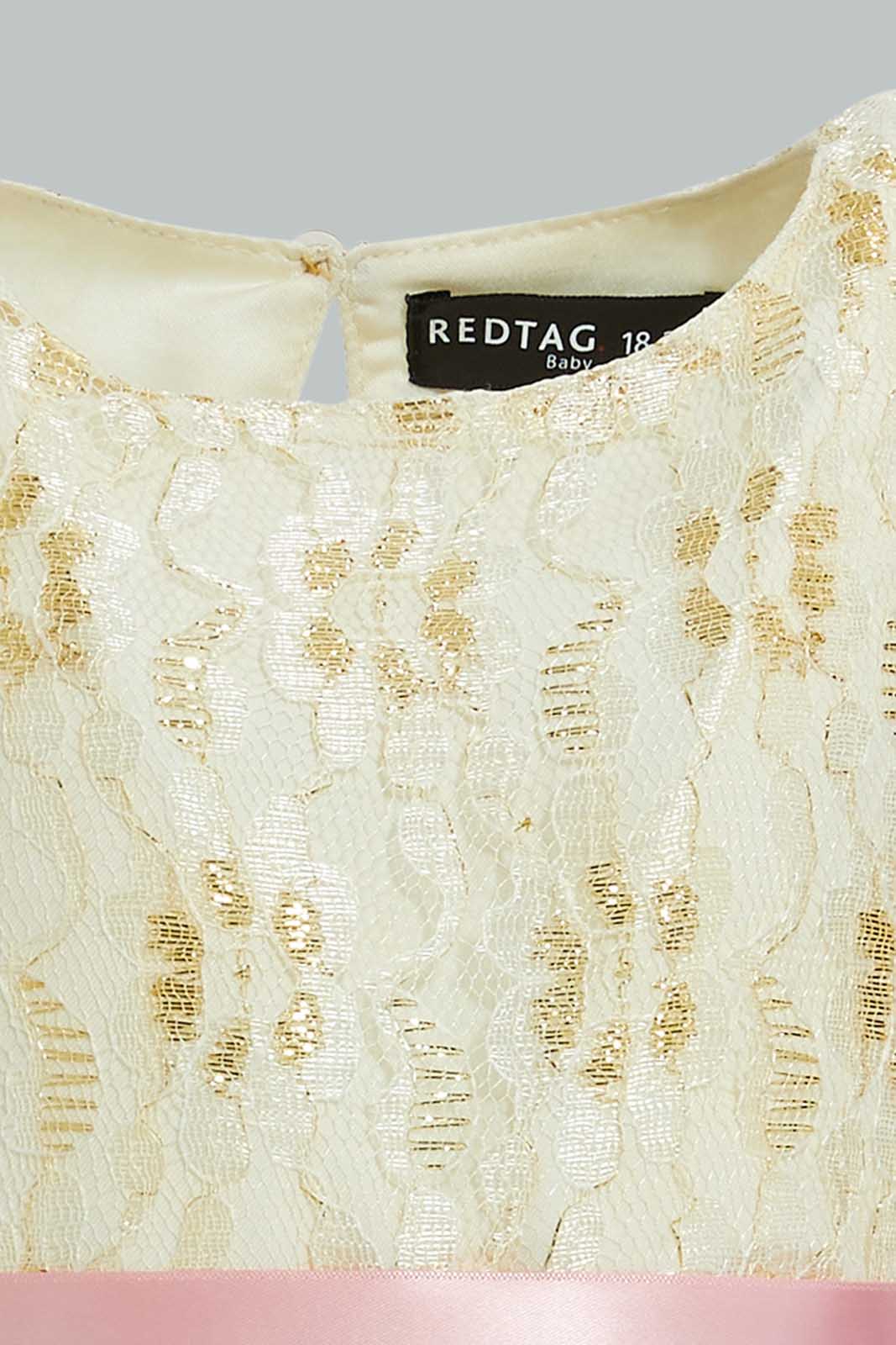 Redtag-Ivory-Lace-Yoke-Belted-With-Coral-Mesh-Dress-Dresses-Infant-Girls-3 to 24 Months