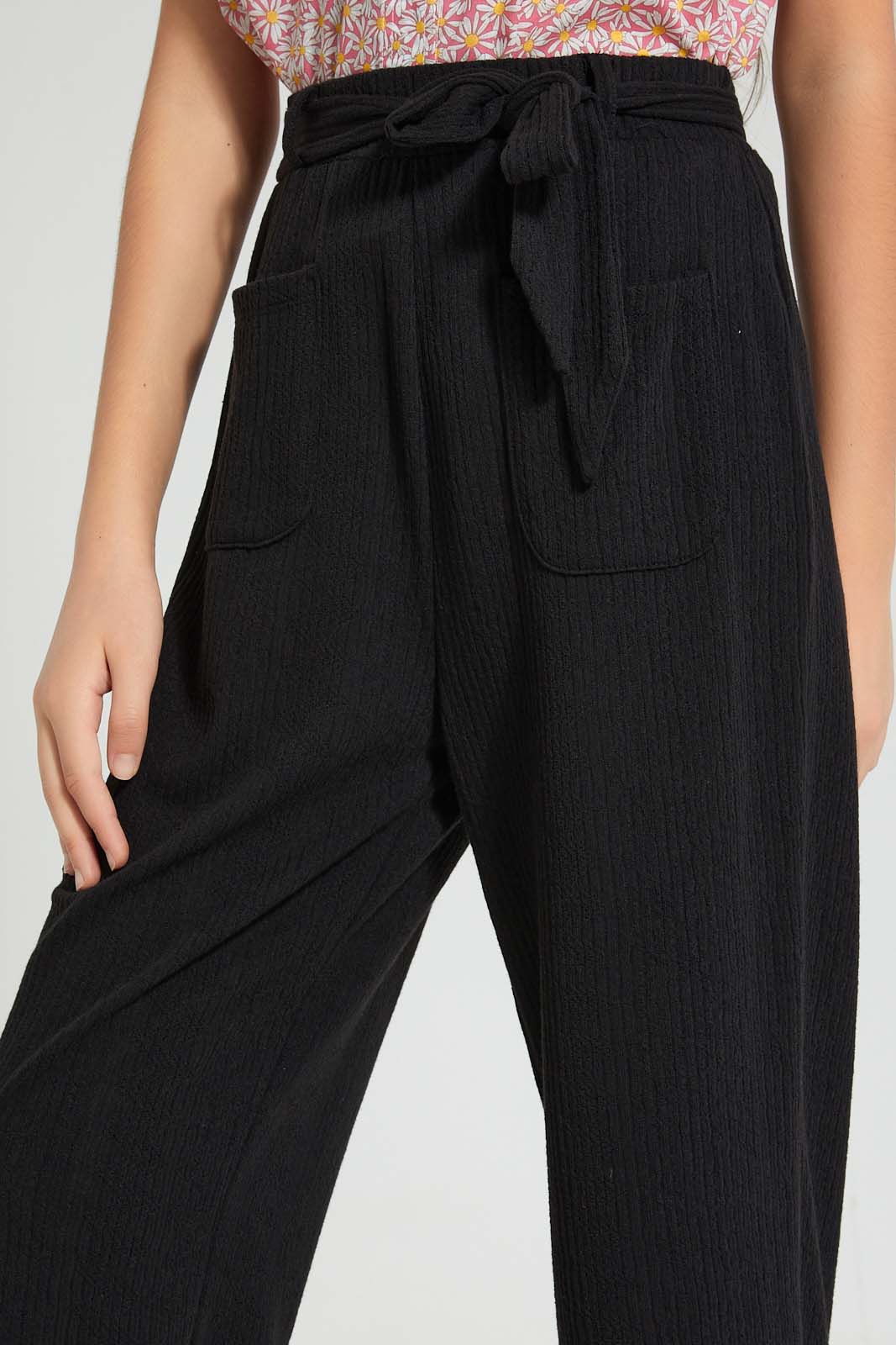 Redtag-Black-Jacquard-Culottes-With-Belt-Trousers-Senior-Girls-9 to 14 Years
