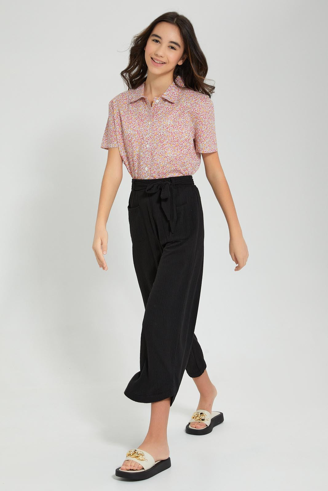 Redtag-Black-Jacquard-Culottes-With-Belt-Trousers-Senior-Girls-9 to 14 Years