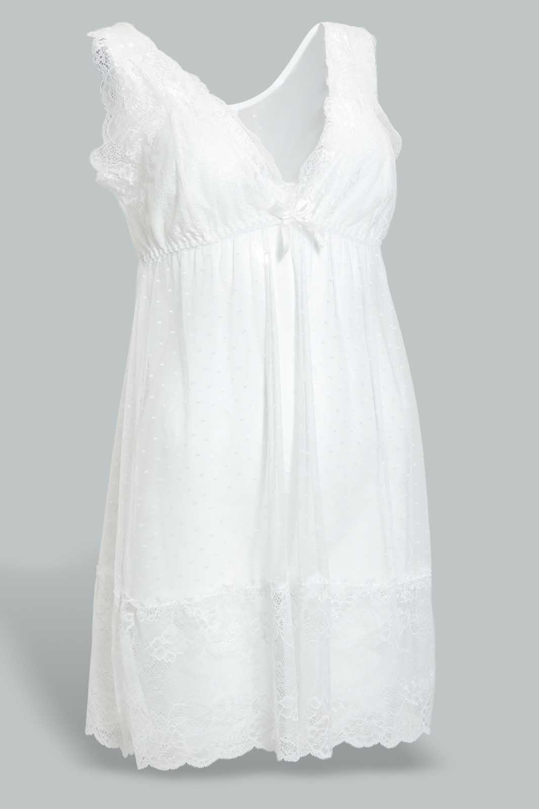 Redtag-Ivory-Plain-Non-Padded-Mesh-Babydoll-With-Thong-Babydolls-Women's-