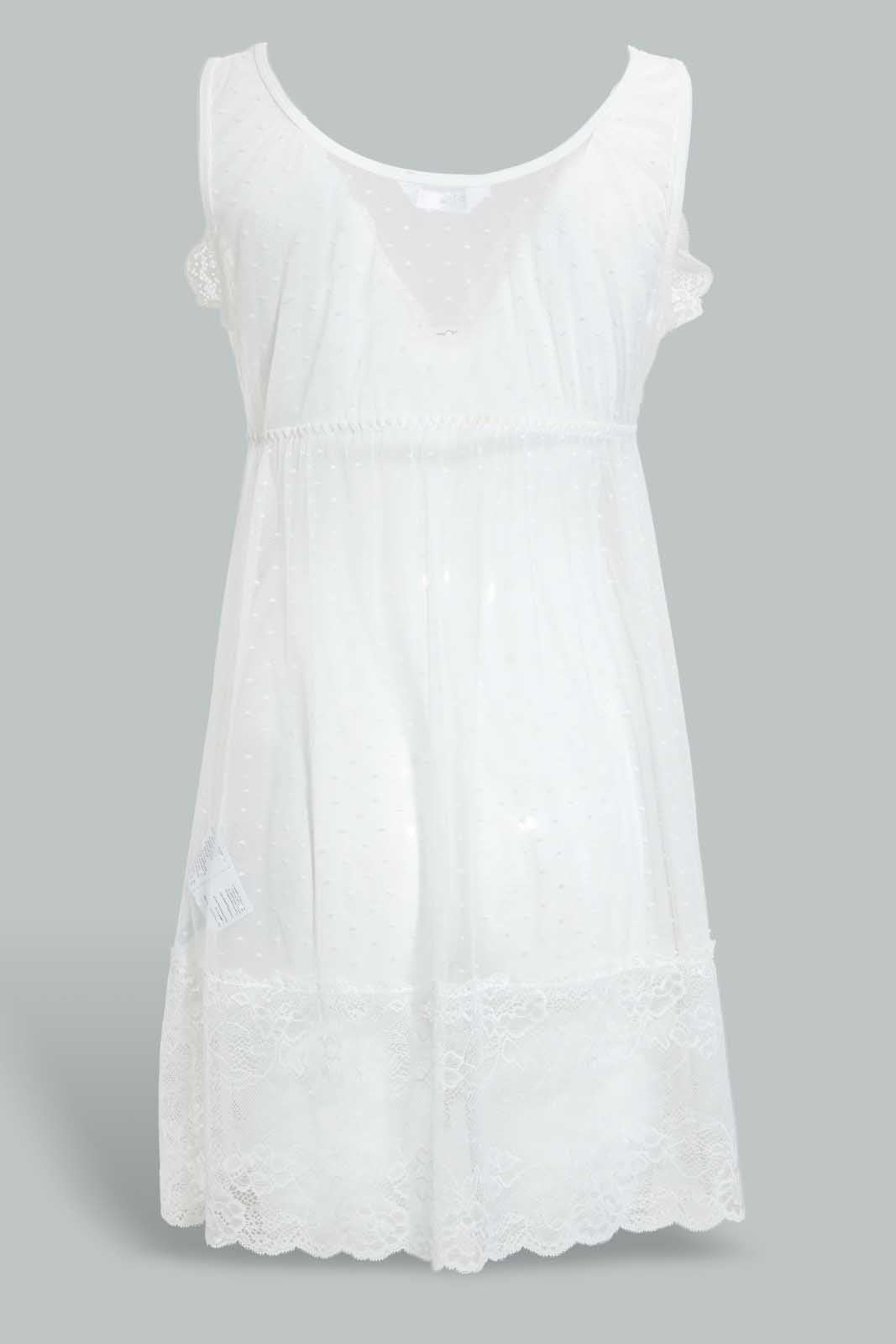 Redtag-Ivory-Plain-Non-Padded-Mesh-Babydoll-With-Thong-Babydolls-Women's-