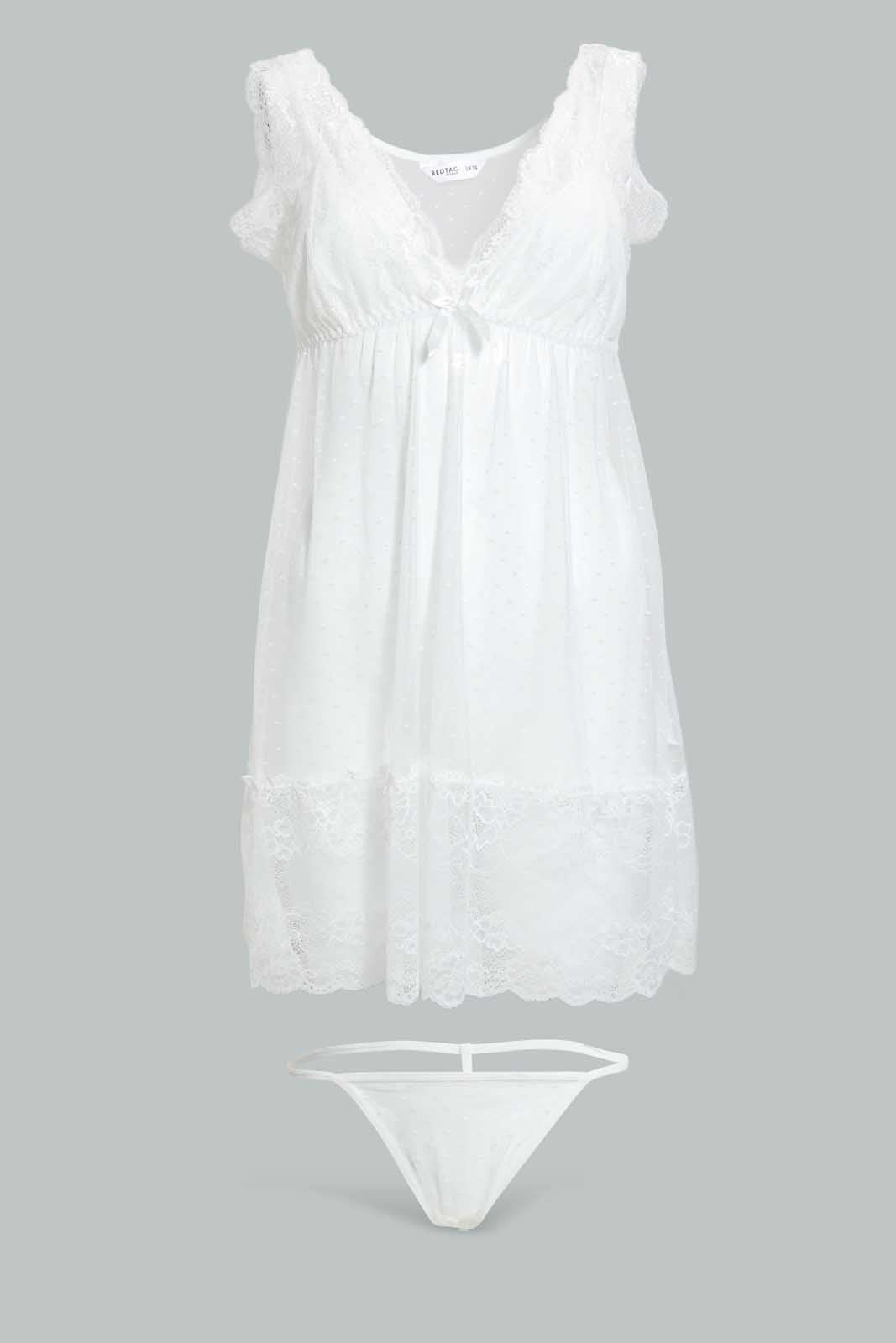 Redtag-Ivory-Plain-Non-Padded-Mesh-Babydoll-With-Thong-Babydolls-Women's-