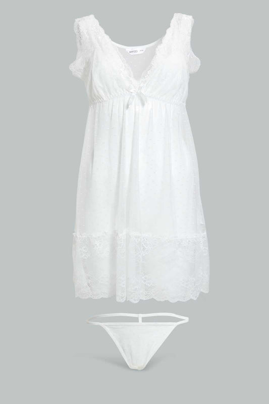 Redtag-Ivory-Plain-Non-Padded-Mesh-Babydoll-With-Thong-Babydolls-Women's-