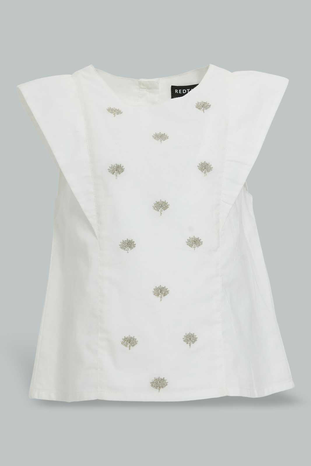 Redtag-White-Cut-And-Sew-Embroidered-Blouse-With-Coral-Short-Sets-Infant-Girls-3 to 24 Months