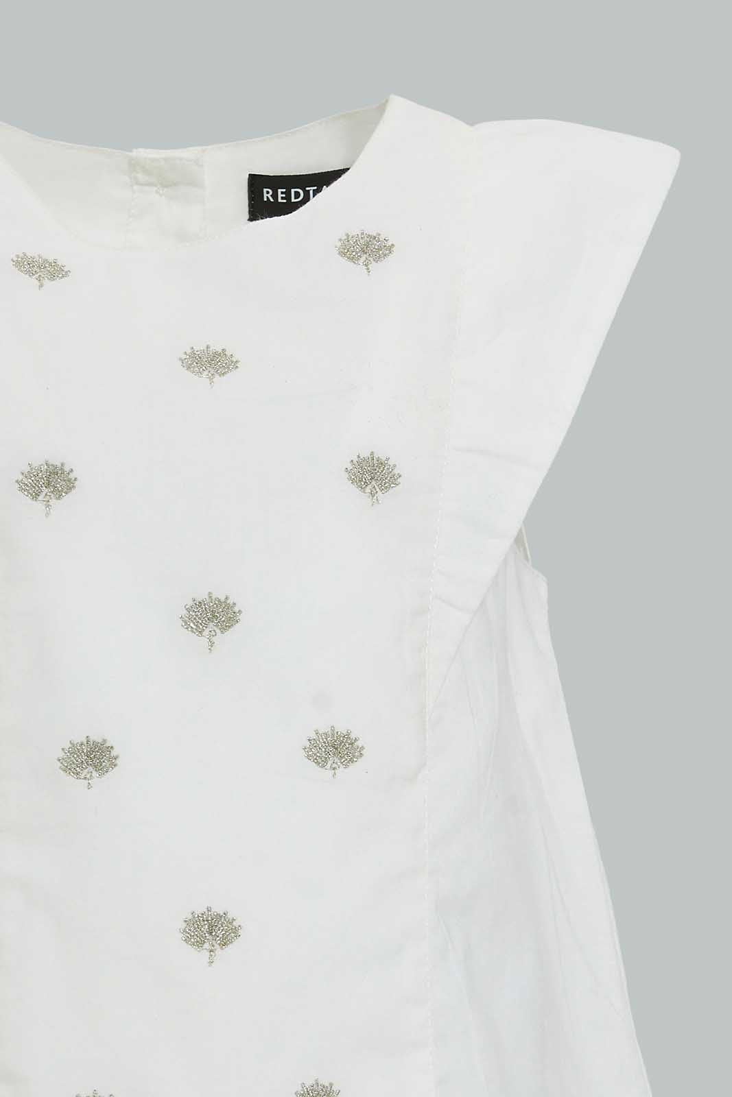 Redtag-White-Cut-And-Sew-Embroidered-Blouse-With-Coral-Short-Sets-Infant-Girls-3 to 24 Months