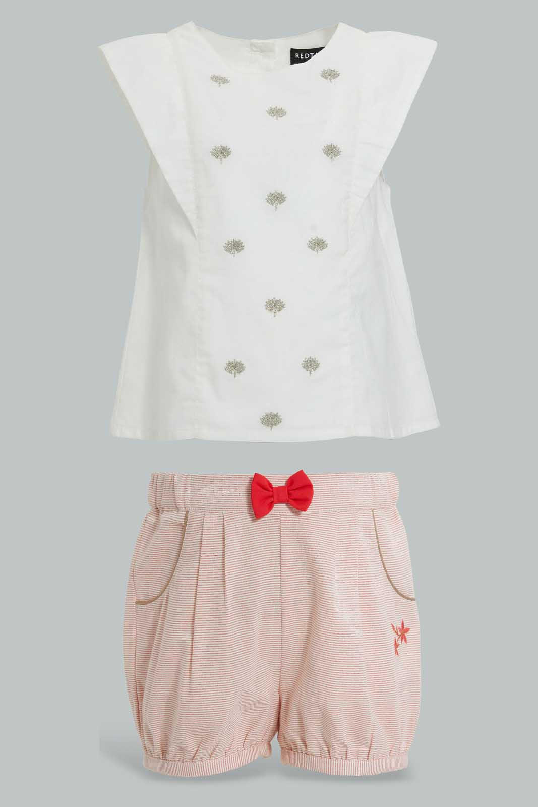 Redtag-White-Cut-And-Sew-Embroidered-Blouse-With-Coral-Short-Sets-Infant-Girls-3 to 24 Months