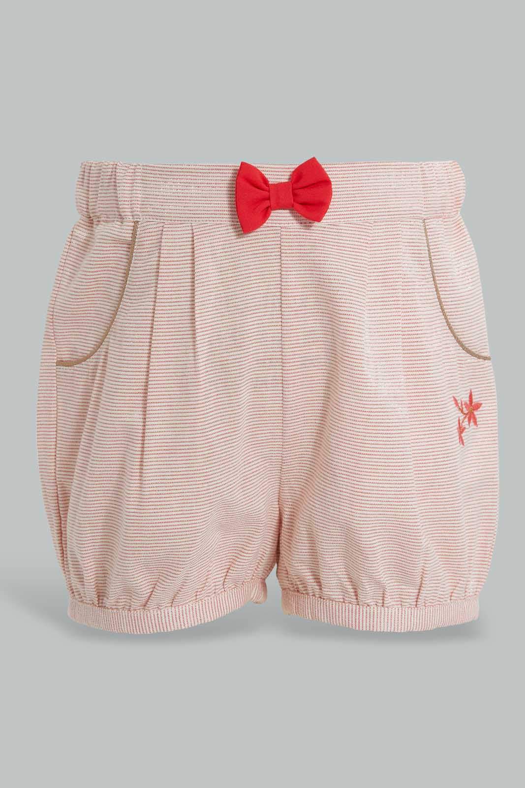 Redtag-White-Cut-And-Sew-Embroidered-Blouse-With-Coral-Short-Sets-Infant-Girls-3 to 24 Months