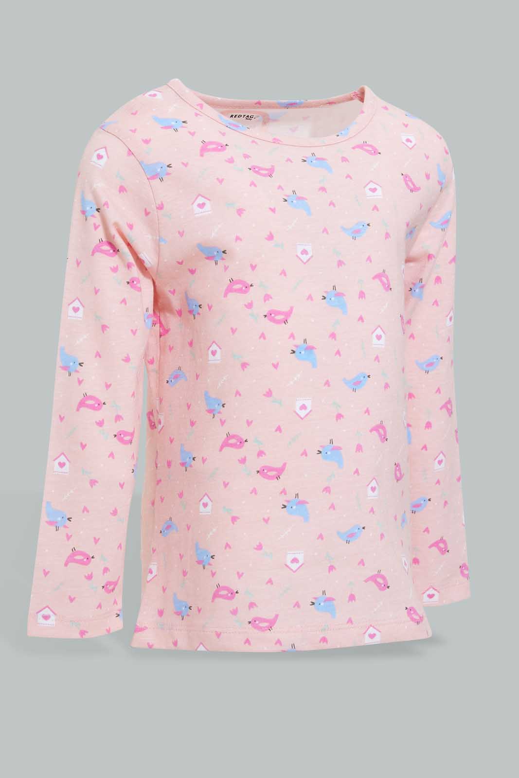 Redtag-Multi-Colour-Bird-Aop-2-Pc-Pack-Full-Length-Pyjama-Set-Pyjama-Sets-Infant-Girls-3 to 24 Months