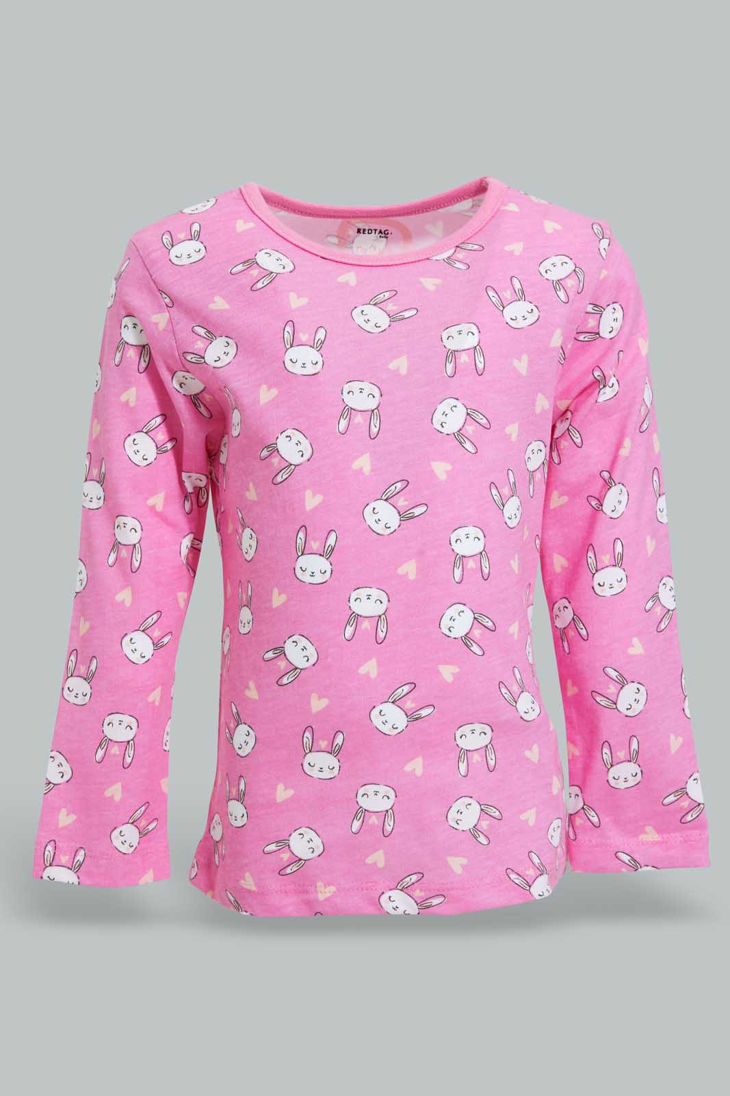 Redtag-Multi-Colour-Bunny-Aop-2-Pc-Pack-Full-Length-Pyjama-Set-Pyjama-Sets-Infant-Girls-3 to 24 Months