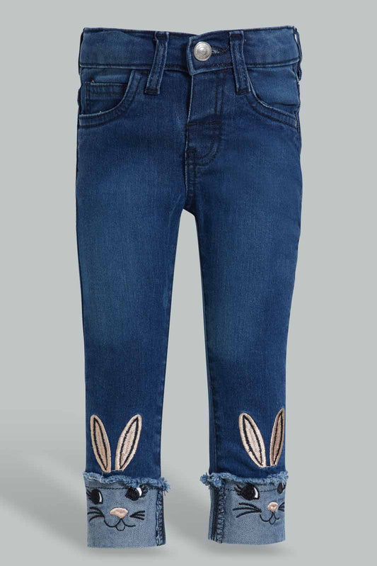 Redtag-Blue-Bunny-Artwork-Hem-Jean-Jeans-Slim-Fit-Infant-Girls-3 to 24 Months