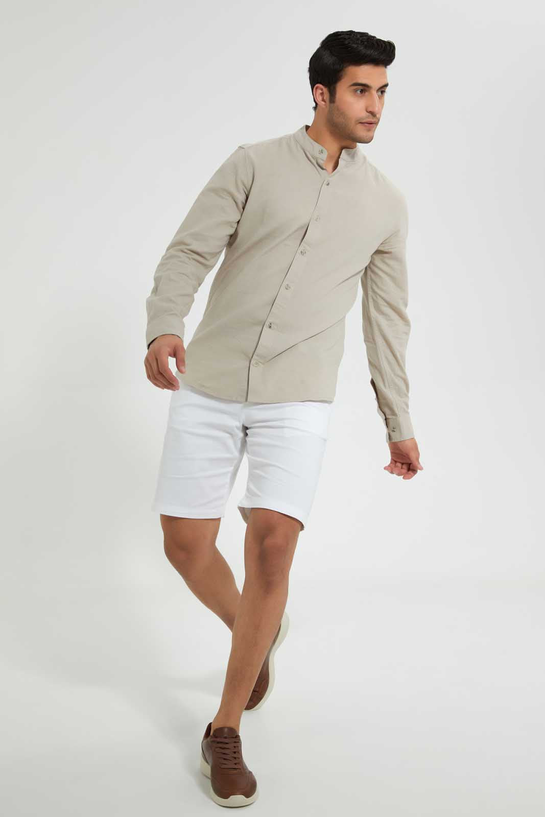 Redtag-Beige-Mandrain-Collar-Linen-Shirt-Casual-Shirts-Men's-
