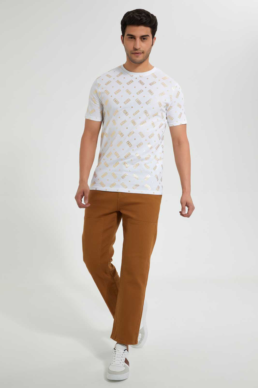 White T-Shirt With Printed Golden Foil