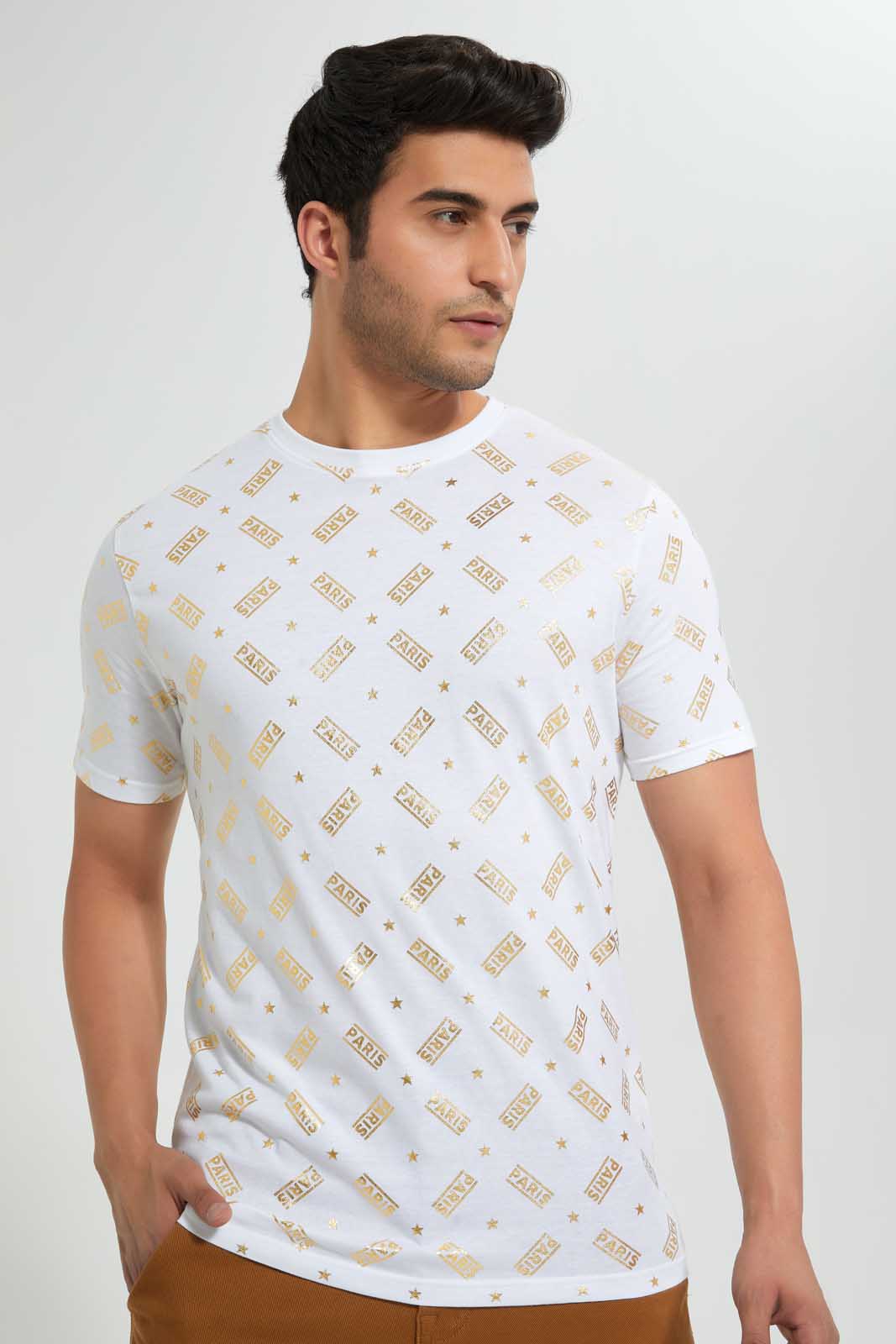 White T-Shirt With Printed Golden Foil