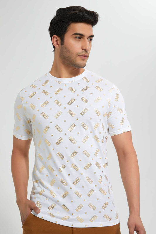 White T-Shirt With Printed Golden Foil