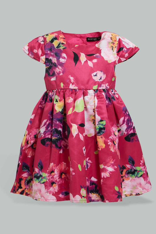 Redtag-Fuschia-Floral-Printed-Dress-Dresses-Infant-Girls-3 to 24 Months